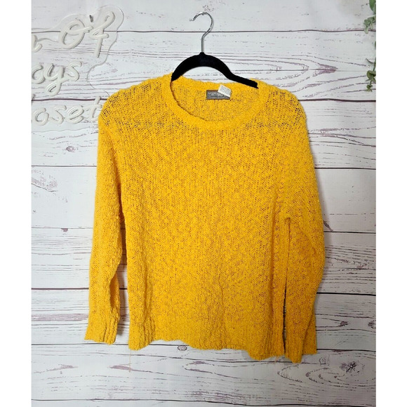 YarnWorks Yellow Open Knit Long Sleeve Pullover Sweater Womans Size Medium - Picture 1 of 4